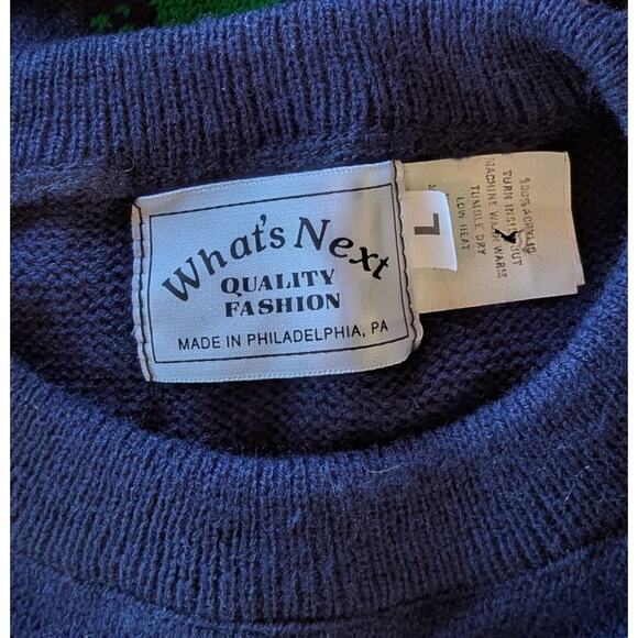 VTG Whats Next Sweater Large Navy Green Shamrock Fair Isle 80s St Patricks Irish - Picture 7 of 9